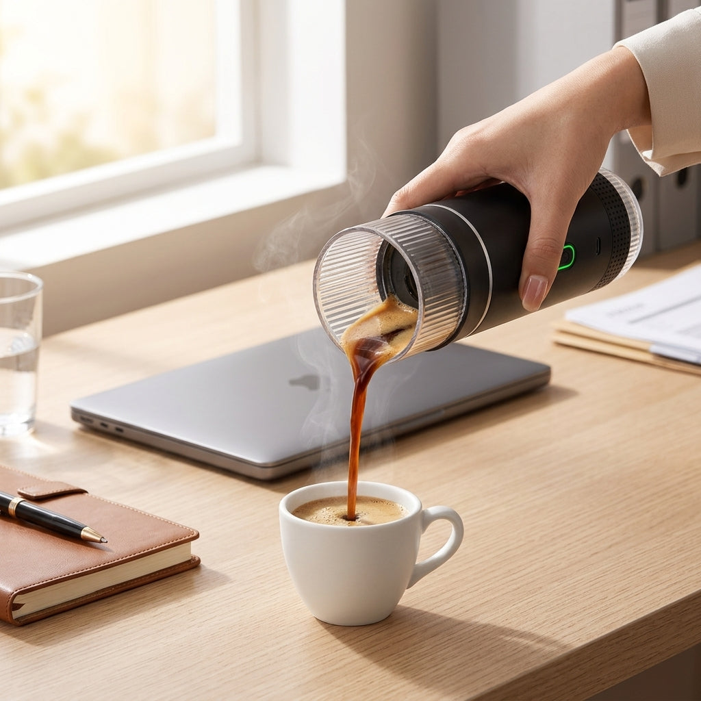 Sirviendo un espresso con la cafetera portátil en la oficina