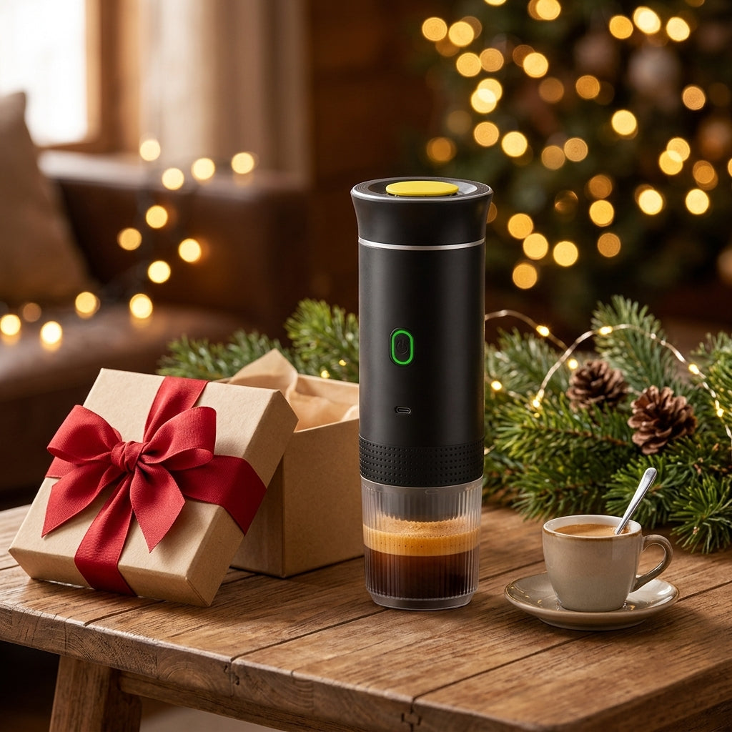 Cafetera portátil junto a una caja de regalo de Navidad