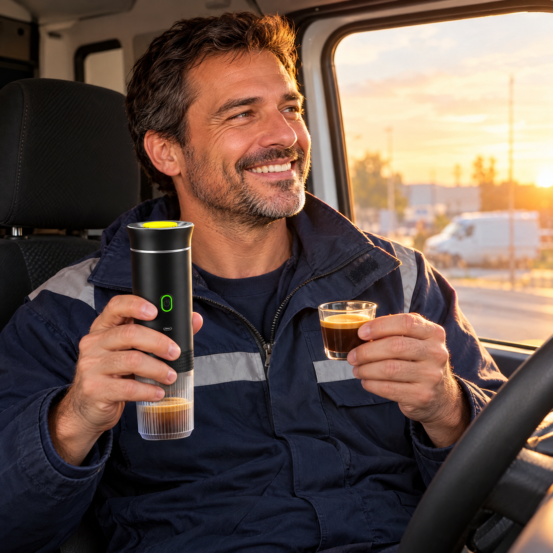 Conductor tomando un espresso hecho con la cafetera portátil