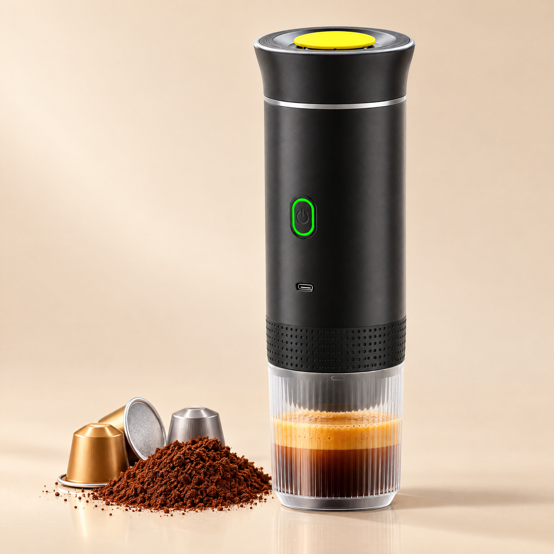 Cafetera portátil 3 en 1 con un espresso recién hecho