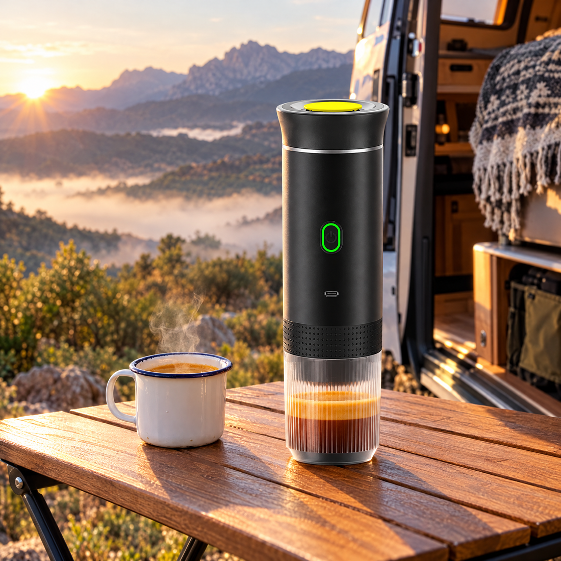 Cafetera portátil en una mesa de camping junto a una furgoneta
