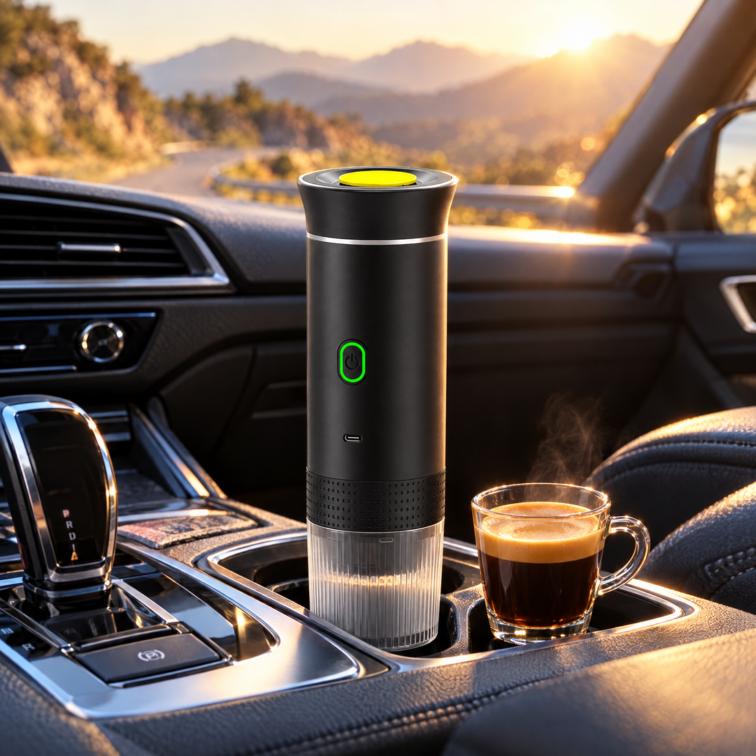 Cafetera portátil en el coche con un café recién hecho