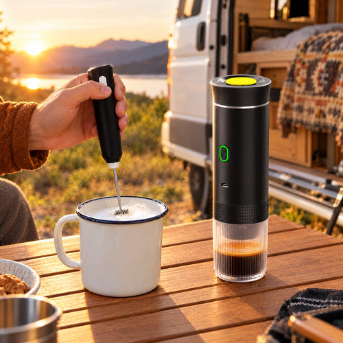 Espumando leche junto a la cafetera portátil en una furgoneta