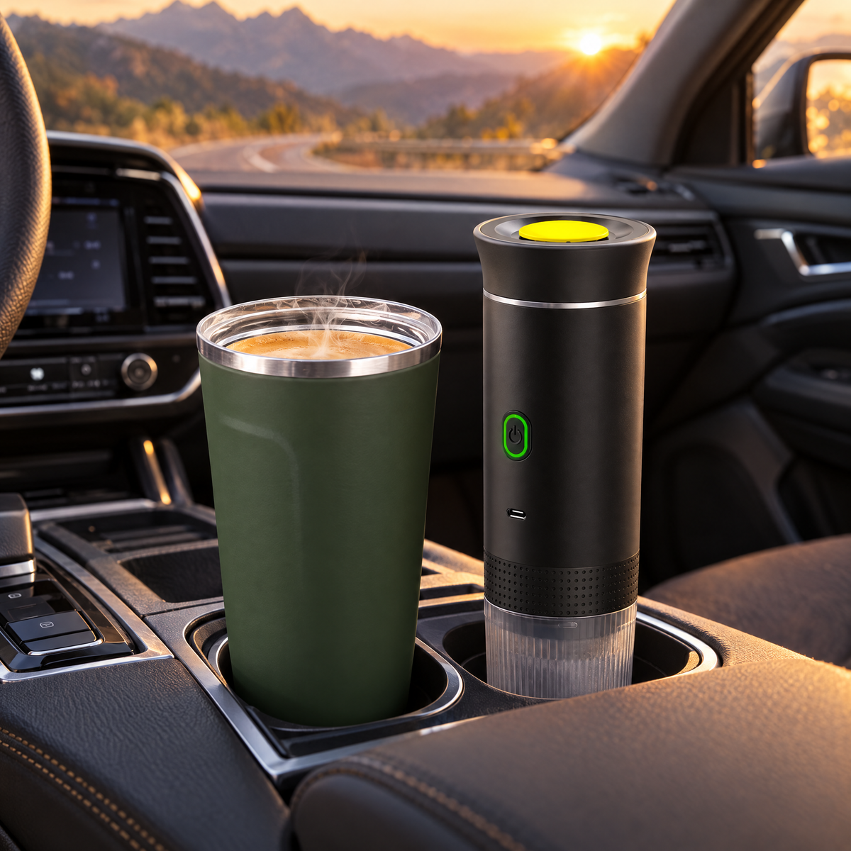Taza térmica en el portavasos del coche junto a la cafetera portátil