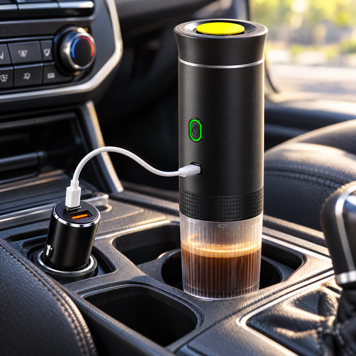 Cargador de coche cargando la cafetera portátil